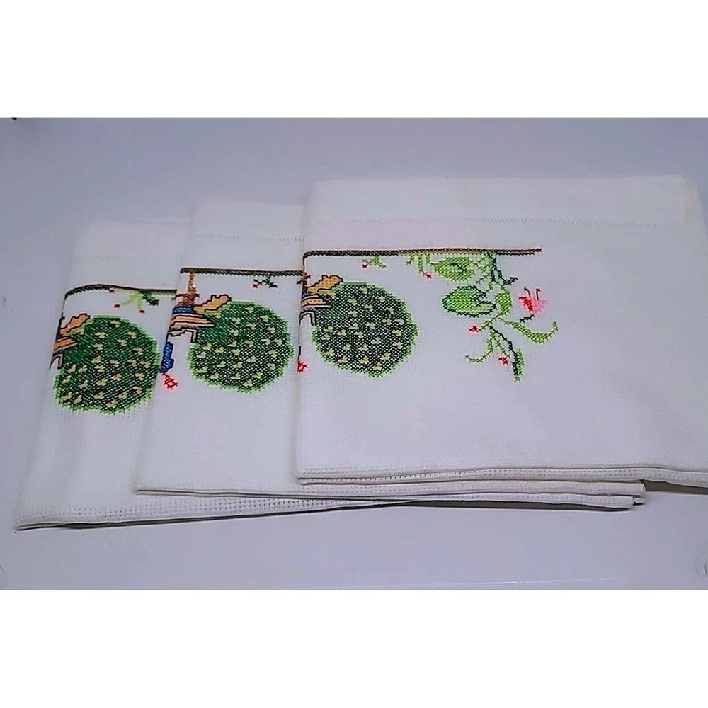 Vintage Peacock Cross Stitch Tea Towels‎ Set of 3 White Cotton Guest Linens Boho